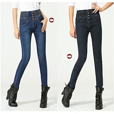 Women's Fleece Pants Jeans Denim Fleece lined Dark Blue Black Fashion Street Casual Side Pockets Micro-elastic Full Length Thermal Warm Plain XS S M L XL Lightinthebox