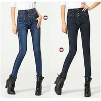 Women's Fleece Pants Jeans Denim Fleece lined Dark Blue Black Fashion Street Casual Side Pockets Micro-elastic Full Length Thermal Warm Plain XS S M L XL Lightinthebox - thumbnail