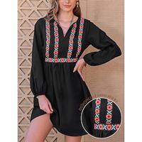 Women's Embroidered Vintage Dress Midi Dress Cotton Lantern Sleeve Check Notched Neck Long Sleeve Vacation Black Lightinthebox