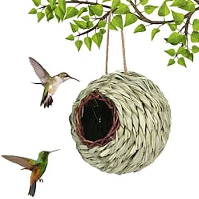 Hummingbird House Hand Woven Bird Nest for Outdoors Hanging, Small Grass Bird Houses for Outside, Natural Fiber Bird Hut Roosting Pocket for Finch Canary Chickadee miniinthebox