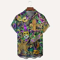 Graphic Feathers Mask Hawaiian Men's Carnival Outdoor clothing Streetwear Spring  Summer Turndown Short Sleeve Black Purple S M L Shirt Normal Lightinthebox - thumbnail