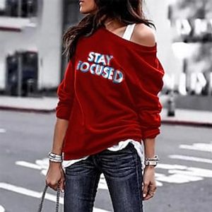 Women's Sweatshirt Pullover One Shoulder Text Monograms Cold Shoulder Print Daily Sports Hot Stamping Active Streetwear Hoodies Sweatshirts  Black Blue miniinthebox