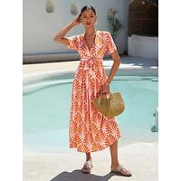 Rayon Geometric Belted Midi Dress