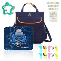 Eazy Kids Eat Sleep Game Repeat 5 Compartment Bento Lunch Box With Lunch Bag - Blue