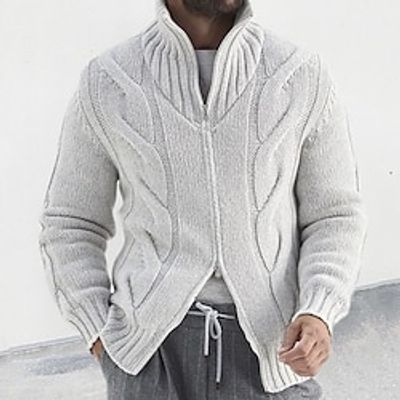 Men's Cardigan Sweater Zip Sweater Cropped Sweater Cable Knit Regular Knitted Vintage Plain Stand Collar Warm Ups Modern Contemporary Daily Wear Going out Clothing Apparel Winter Black White M L XL Lightinthebox