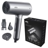 Braun Hairdryer HD4.3, Hair Dryer, HTDC Motor, 2200 Watts, +3 Attachments, Large Diffuser, Straightening Comb, HTDC Motor, Electronic LED Indicator, Super Ionic Function, Electro Grey - BRHD435SDE