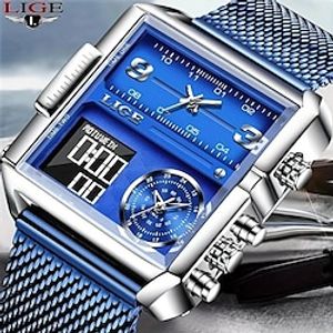 LIGE Men Digital Watch Luxury Original Sports Wrist Watch Gold Quartz Steel Waterproof Dual Display Clock Watches Relogio Masculino For Men miniinthebox