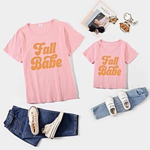 Mommy and Me Tops Cotton Letter Print Blushing Pink Wine Army Green Short Sleeve Basic Matching Outfits / Cute miniinthebox