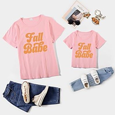 Mommy and Me Tops Cotton Letter Print Blushing Pink Wine Army Green Short Sleeve Basic Matching Outfits / Cute miniinthebox