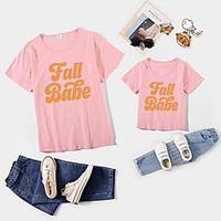 Mommy and Me Tops Cotton Letter Print Blushing Pink Wine Army Green Short Sleeve Basic Matching Outfits / Cute miniinthebox - thumbnail