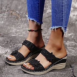 Women's Sandals Wedge Sandals Comfort Shoes Wedge Heel Round Toe PU Flower Solid Colored Purple Black Blue miniinthebox