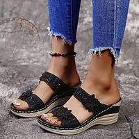 Women's Sandals Wedge Sandals Comfort Shoes Wedge Heel Round Toe PU Flower Solid Colored Purple Black Blue miniinthebox - thumbnail