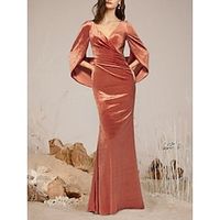 Mermaid  Trumpet Evening Gown Elegant Dress Formal Fall Floor Length Half Sleeve V Neck Velvet with Pleats Ruched 2023 Lightinthebox - thumbnail