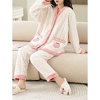 Women's Fleece Pajamas Sets Fruit Warm Plush Fluffy Fuzzy Casual Home Bed Flannel Warm Breathable V Wire Long Sleeve Shirt Pant Button Pocket Fall Winter White Lightinthebox - thumbnail