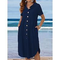 Women's Cotton Linen Shirt Dress Midi Pocket Detail Loose Fit Summer Spring Lightinthebox