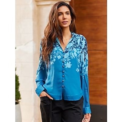Women's Blouse Plant Fashion Flowers Daily Wear Date Vacation Blue Ruffle Loose Fit cuff Long Sleeve Vacation Daily Casual Lapel Spring  Summer Lightinthebox