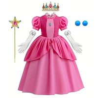 Super Mario Bros Princess Peach Dress Gloves Crown Girls' Movie Cosplay Pattern Dress Cosplay Costume Pink Outfit Pink Dress Accessory Set Children's Day Masquerade Cotton miniinthebox - thumbnail