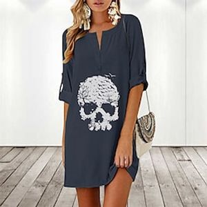 Women's Casual Dress Linen Dress Shift Dress Mini Dress Black Navy Blue Grey 3/4 Length Sleeve Skull Print Winter Fall Autumn Crew Neck Stylish Halloween Loose Fit 2023 S M L XL 2XL miniinthebox