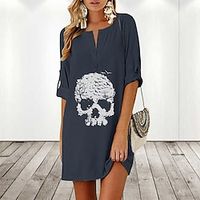 Women's Casual Dress Linen Dress Shift Dress Mini Dress Black Navy Blue Grey 3/4 Length Sleeve Skull Print Winter Fall Autumn Crew Neck Stylish Halloween Loose Fit 2023 S M L XL 2XL miniinthebox - thumbnail