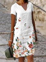 V-neck Casual Loose Floral Print Holiday Short Sleeve Short Dress
