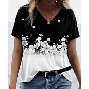 Women's Floral Theme Painting T shirt Floral Color Block Print V Neck Basic Tops Black miniinthebox