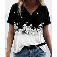 Women's Floral Theme Painting T shirt Floral Color Block Print V Neck Basic Tops Black miniinthebox - thumbnail