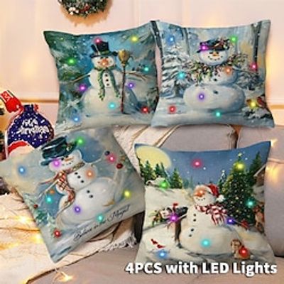Christmas LED Lights Throw Pillow Cover 4PC Snowman Xmas Soft Decorative Square Cushion Pillowcase for Bedroom Livingroom Sofa Couch Chair Superior Quality miniinthebox