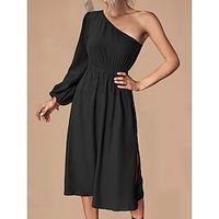 Women's Black Dress Casual Dress A Line Dress Midi Dress Ruched Split Daily Holiday Date Elegant A Line One Shoulder Long Sleeve Regular Fit Black Fuchsia Dark Blue Color S M L XL Size Lightinthebox - thumbnail