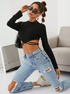 YOINS Black Cut Out Irregular Hem Mock Neck Long Sleeves Crop Top