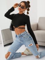 YOINS Black Cut Out Irregular Hem Mock Neck Long Sleeves Crop Top - thumbnail