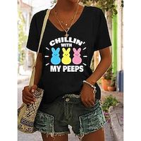 Women's T shirt Tee Black White Pink Letter Easter Print Short Sleeve Daily Weekend Basic V Neck Regular Painting S Lightinthebox - thumbnail