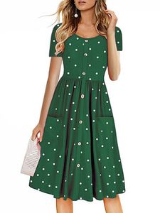 Round Neck Decorative Buttons Slit Pocket Polka Dot Skater Dress