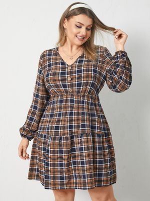 Plus Size V-neck Plaid Long Sleeves Mini Dress Plus Size V-neck Plaid Long Sleeves Mini Dress