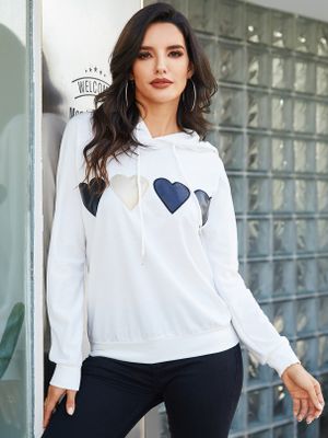 YOINS White Hooded Drawstring Design Heart Geometric Sweatshirt YOINS White Hooded Drawstring Design Heart Geometric Sweatshirt