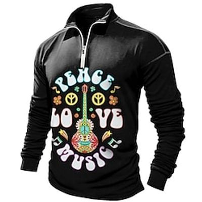 Letter Guitar Men's Casual Print 3D Zip Polo Golf Polo Outdoor Casual Daily Streetwear Polyester Long Sleeve Zip Polo Shirts Black Wine Fall  Winter S M L Micro-elastic Lapel Polo Lightinthebox