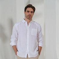 100% Linen Pocket Men's Shirt Linen Shirt Button Up Shirt Black White Green Long Sleeve Plain Lapel Spring   Fall Outdoor Daily Clothing Apparel Lightinthebox - thumbnail