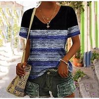 Women's T shirt Tee Pink Blue Purple Striped Print Short Sleeve Daily Weekend Basic V Neck Regular Painting S Lightinthebox Women's T shirt Tee Pink Blue Purple Striped Print Short Sleeve Daily Weekend Basic V Neck Regular Painting S Lightinthebox