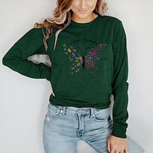 Women's T shirt Tee Graphic Butterfly Letter Casual Daily Holiday Butterfly T shirt Tee Long Sleeve Print Round Neck Basic Green Blue Yellow S miniinthebox