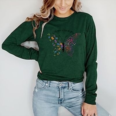 Women's T shirt Tee Graphic Butterfly Letter Casual Daily Holiday Butterfly T shirt Tee Long Sleeve Print Round Neck Basic Green Blue Yellow S miniinthebox