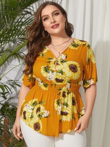 YOINS Plus Size V-neck Floral Print Zip Design Half Sleeves Blouse