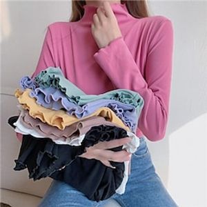 Women's T shirt Tee Coffee color Green Black Plain Long Sleeve Daily Weekend Basic High Neck Regular One-Size miniinthebox