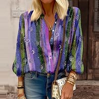Women's Shirt Blouse Graphic Casual Lantern Sleeve Red Purple Green Print Button Long Sleeve Fashion Standing Collar Regular Fit Spring   Fall Lightinthebox - thumbnail