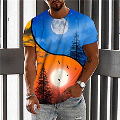 Men's Unisex T shirt 3D Print Color Block Graphic Prints Moon Crew Neck Daily Holiday Print Short Sleeve Tops Casual Designer Big and Tall Blue / Summer miniinthebox