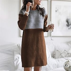 Women's Sweater Dress Winter Dress Wine Army Green Dusty Blue Brown Black Long Sleeve Color Block Patchwork Winter Fall Crew Neck Turtleneck Casual S M L XL XXL 3XL Cotton Winter Dress Lightinthebox
