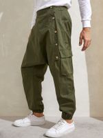 Men Oblique Button Pocket Leisure Baggy Harem Pants - thumbnail