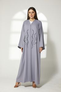 Moistreet Grey Korean Crepe Embroidery Abaya (XS, S, M, L, XL, XXL)