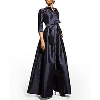 A-Line Evening Gown Elegant Black Dress Wedding Guest Floor Length 34 Length Sleeve Shirt Collar Pocket Taffeta with Pocket Strappy 2023 Lightinthebox - thumbnail