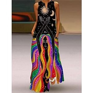 Women's Long Dress Maxi Dress Casual Dress Summer Dress Print Dress Moon Abstract Portrait Casual Modern Outdoor Daily Holiday Pocket Print Sleeveless V Neck Dress Loose Fit Black Yellow Blue Spring Lightinthebox