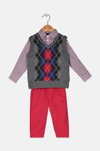 Kids Boys 3piece Dress Pants Argyle Sweater Vest Set  Charcoal/Red Combo