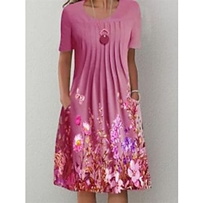 Women's Casual Dress Summer Dress Floral Print Pocket Crew Neck Midi Dress Streetwear Street Holiday Short Sleeve Regular Fit Red Blue Purple Summer S M L XL 2XL Lightinthebox